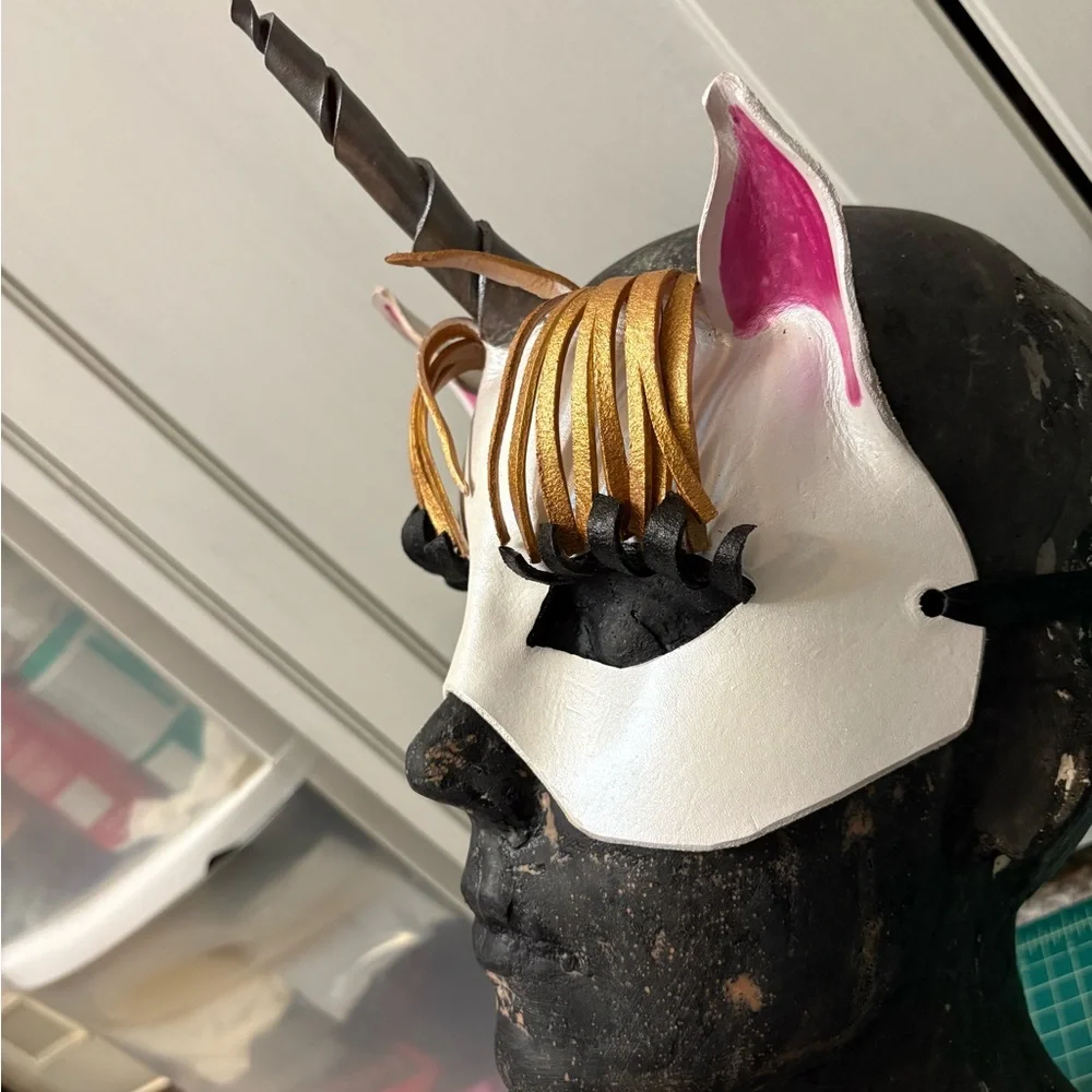 Unicorn Leather Mask with Gold and Pink Accents